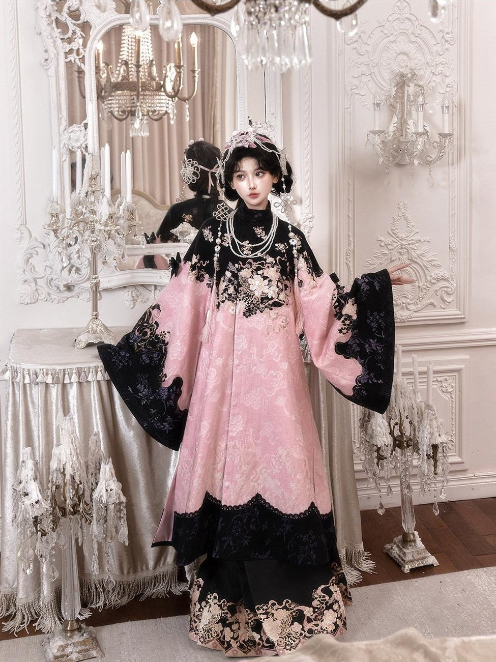 Yi Mu Hu Tao Powder Ink Modified Stand Collar Long Coat Women's Brocade Mamian Skirt Sets