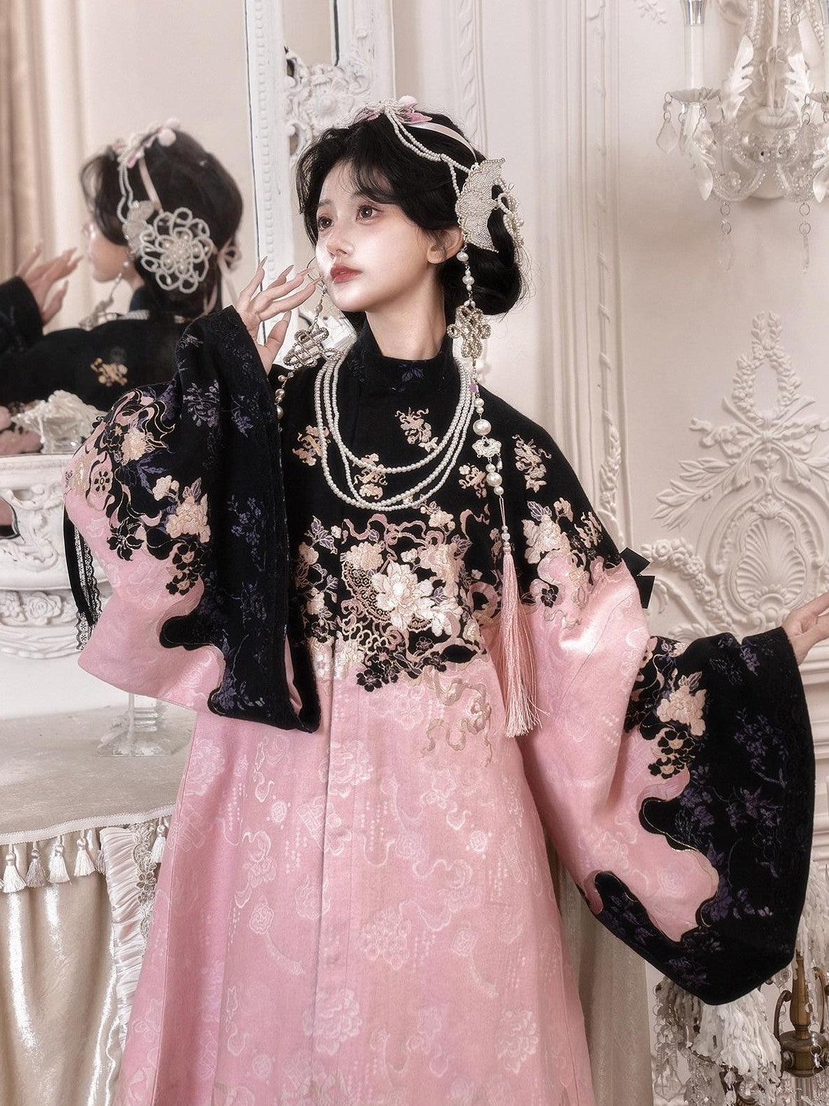 Yi Mu Hu Tao Powder Ink Modified Stand Collar Long Coat Women's Brocade Mamian Skirt Sets