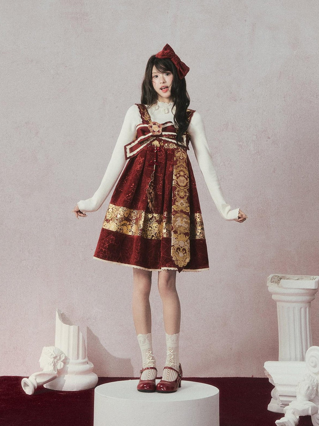 Yi Mu Hu Tao Red Velvet Woven Gold Embroidered Hanfu Women's Velvet Jsk Sets