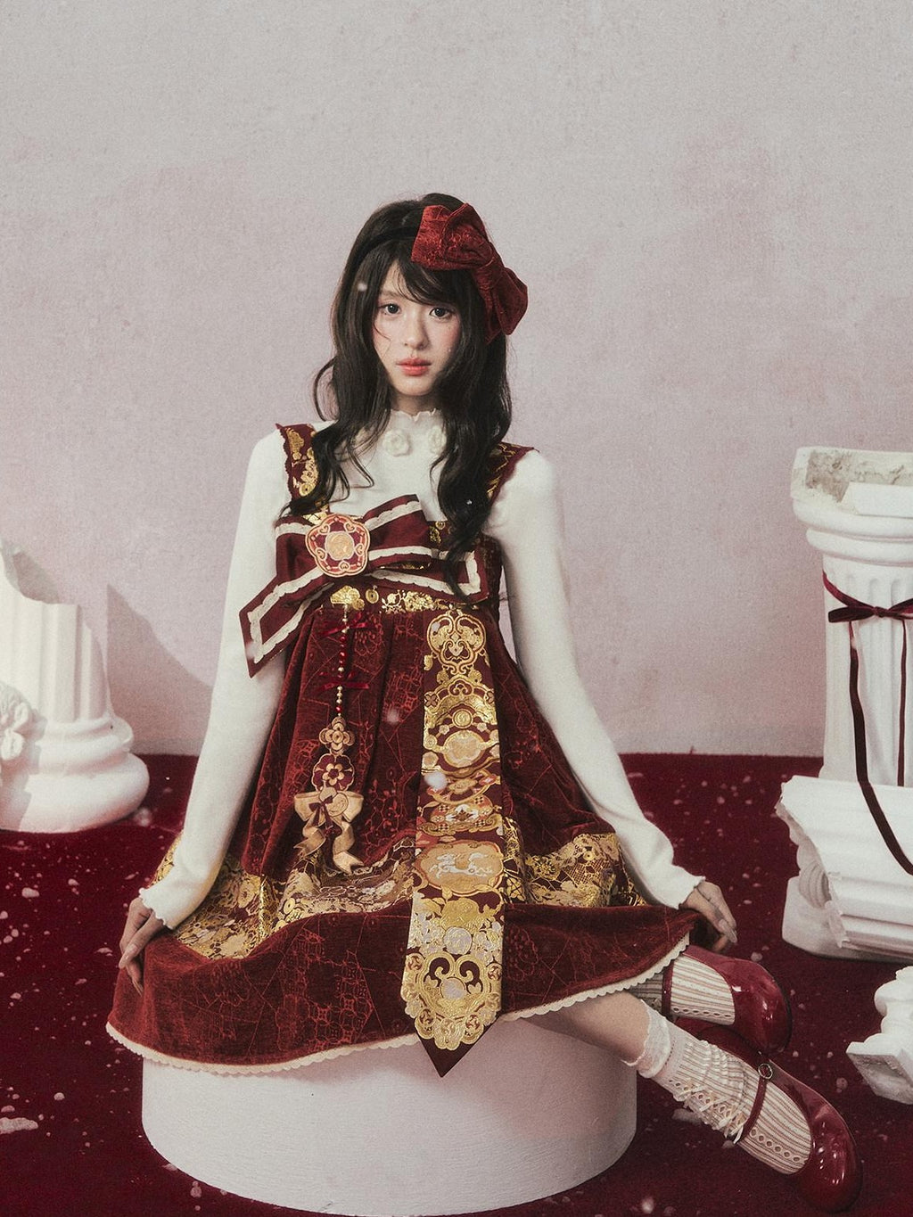 Yi Mu Hu Tao Red Velvet Woven Gold Embroidered Hanfu Women's Velvet Jsk Sets