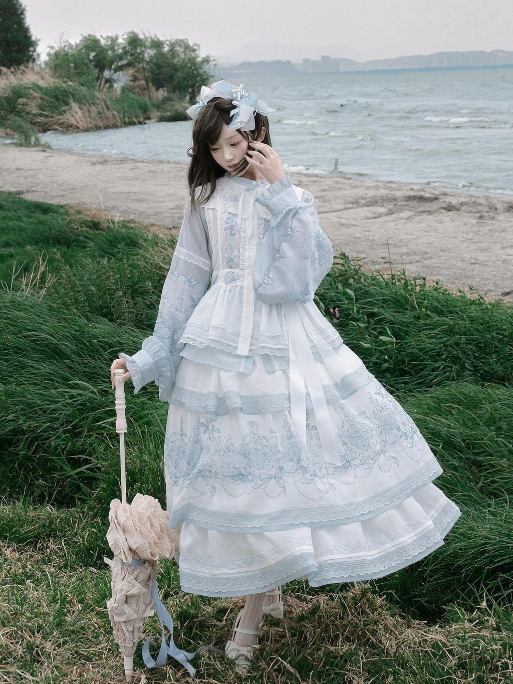 Yi Mu Hu Tao Seashell Embroidered Bib Tiered Cake Women's Tencel Jsk / Jumper Skirts