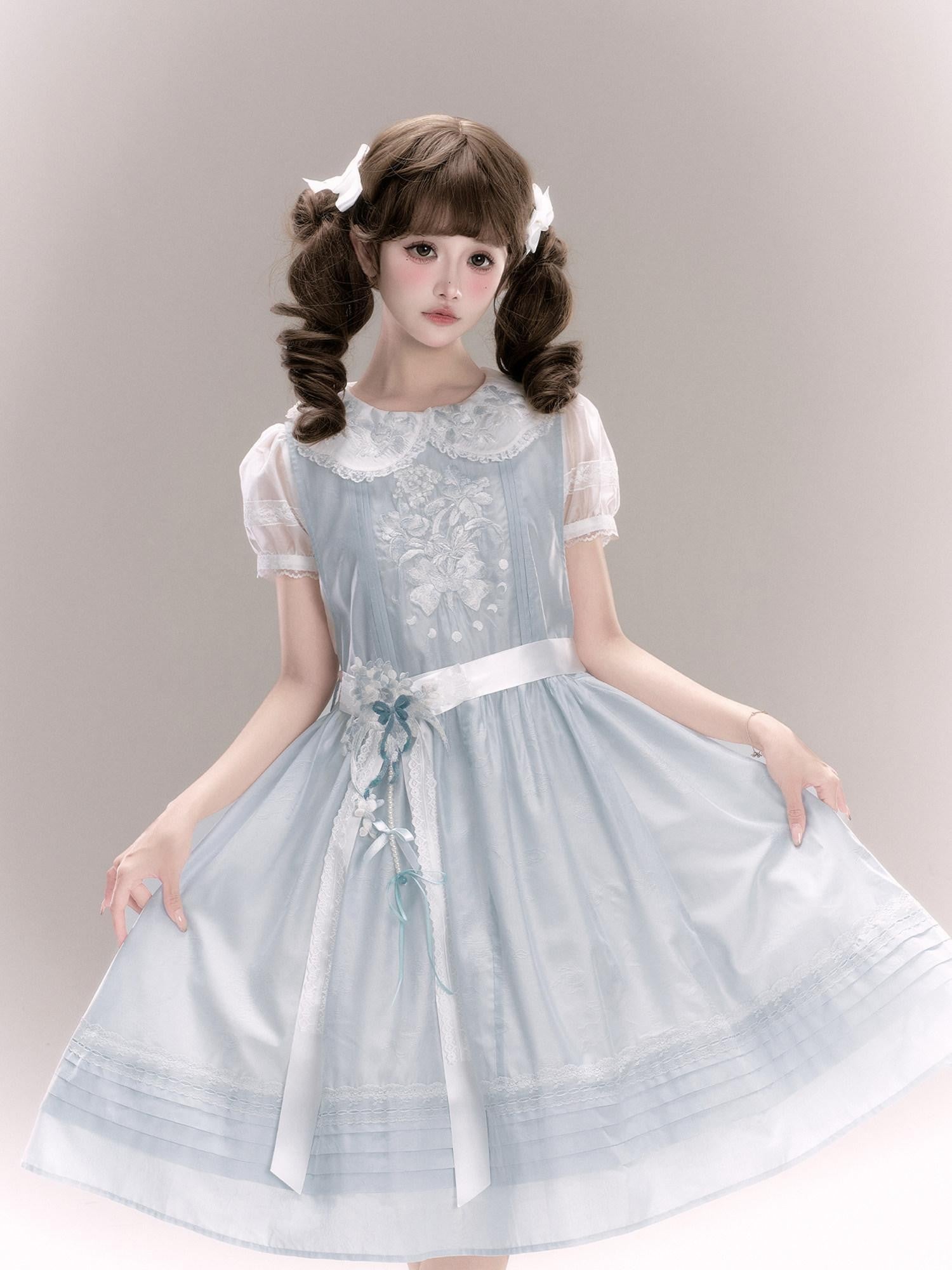 Yi Mu Hu Tao Sheer White Embroidered Modern Hanfu Lined High Waist Women's Short Sleeve Op