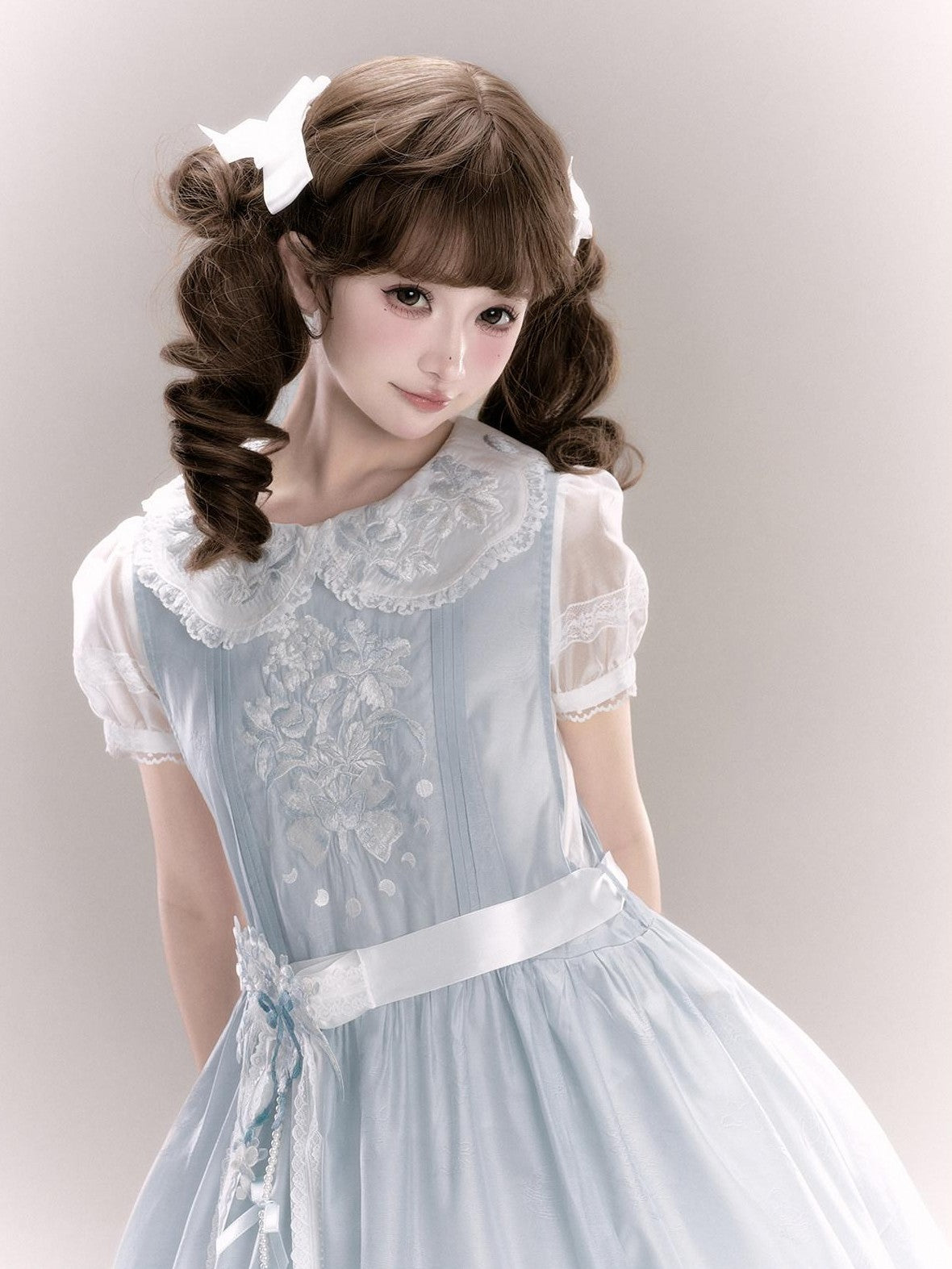 Yi Mu Hu Tao Sheer White Embroidered Modern Hanfu Lined High Waist Women's Short Sleeve Op