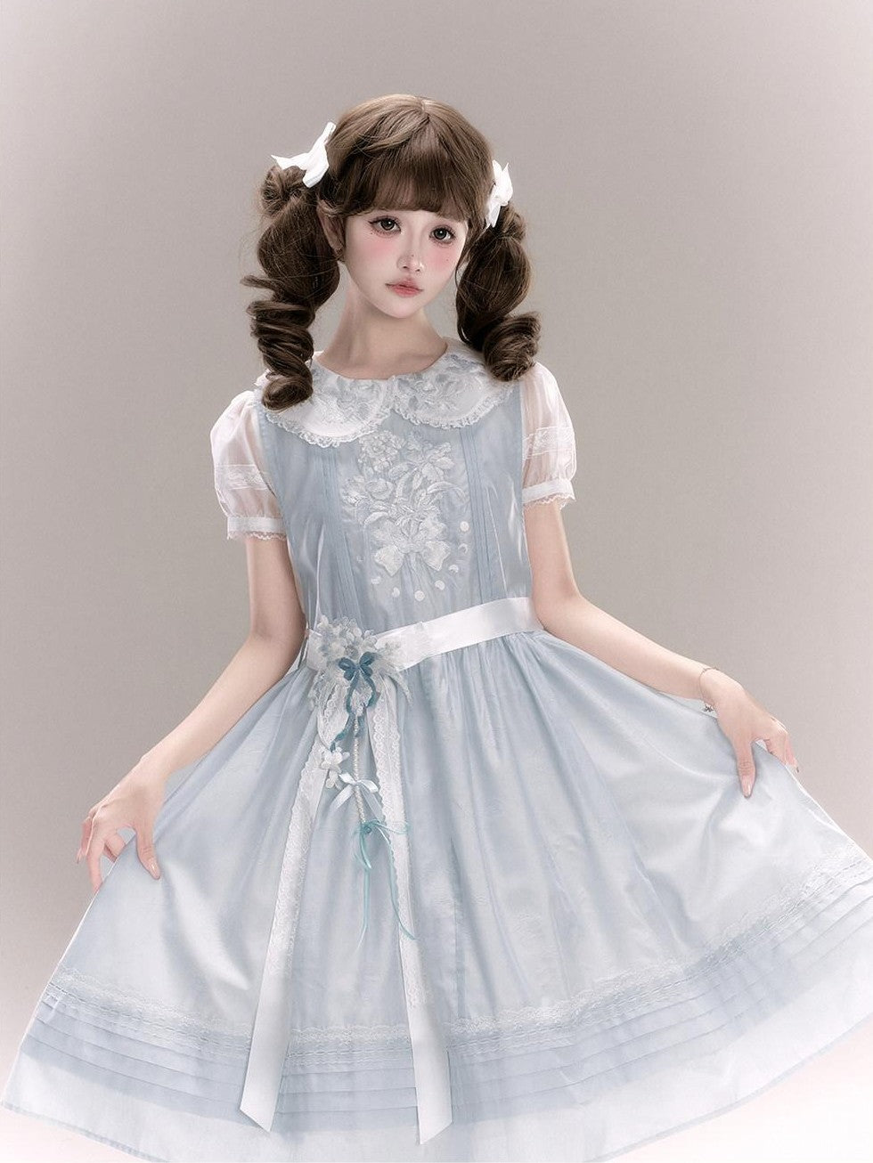 Yi Mu Hu Tao Sheer White Embroidered Modern Hanfu Lined High Waist Women's Short Sleeve Op