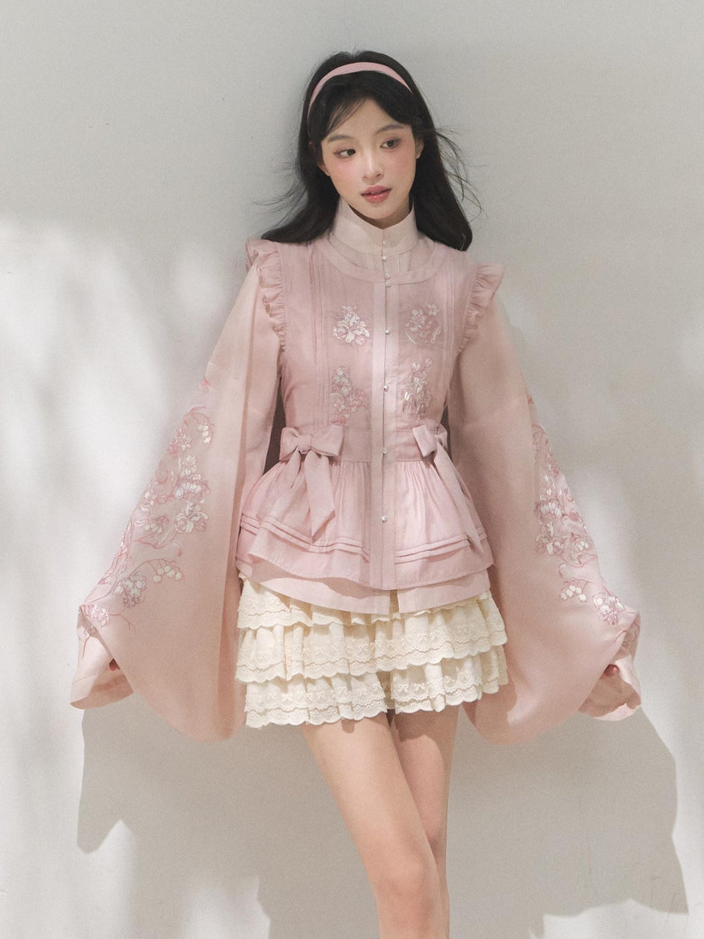 Yi Mu Hu Tao Silk Satin Bouquet Embroidered Stand Collar Bijia Women's Silk Satin Skirt Sets