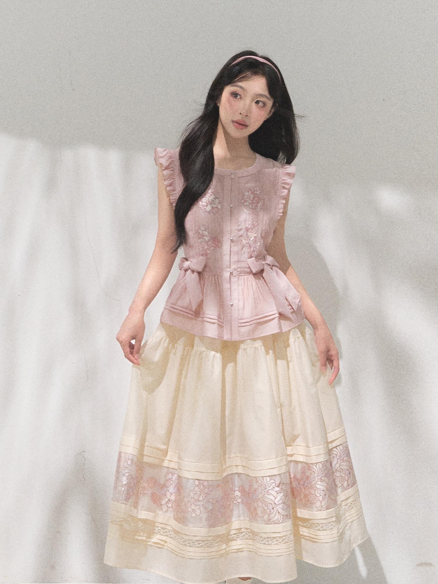 Yi Mu Hu Tao Silk Satin Bouquet Embroidered Stand Collar Bijia Women's Silk Satin Skirt Sets