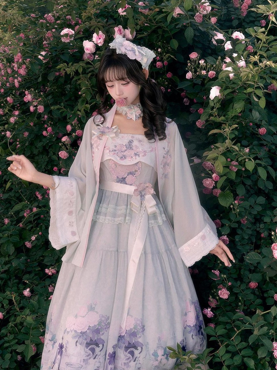 Yi Mu Hu Tao Soft Aqua Embroidered Lace Cross Collar Han Fusion Women's Tencel Skirt Sets
