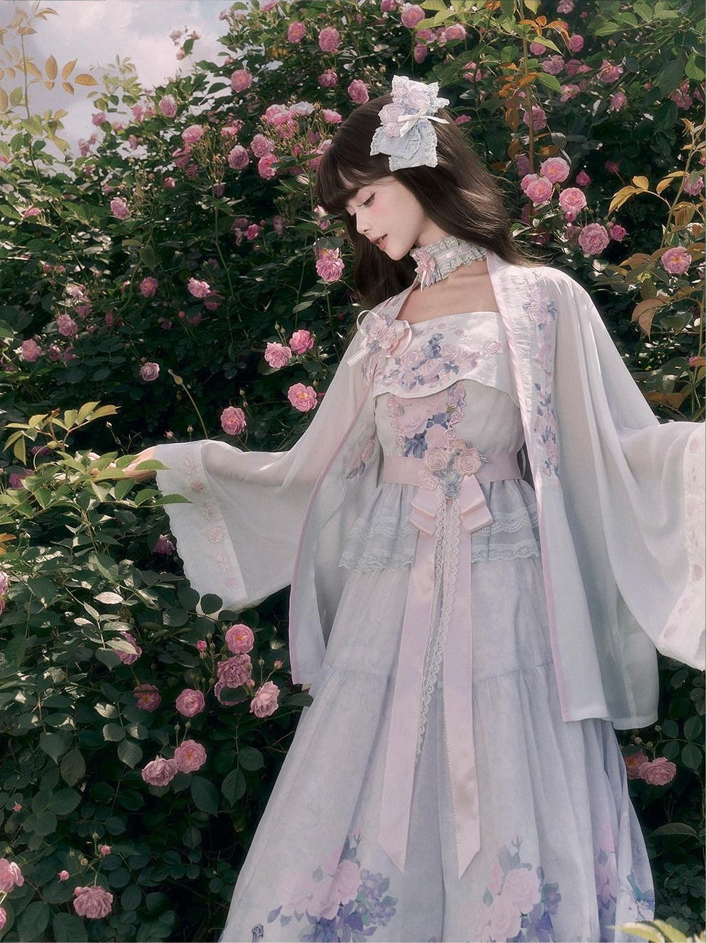 Yi Mu Hu Tao Soft Aqua Embroidered Lace Cross Collar Han Fusion Women's Tencel Skirt Sets