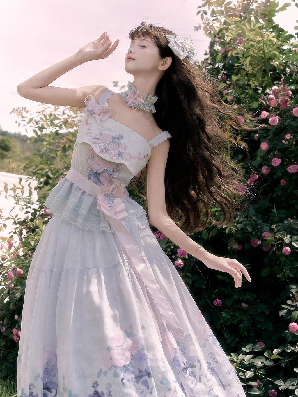 Yi Mu Hu Tao Soft Aqua Embroidered Lace Cross Collar Han Fusion Women's Tencel Skirt Sets