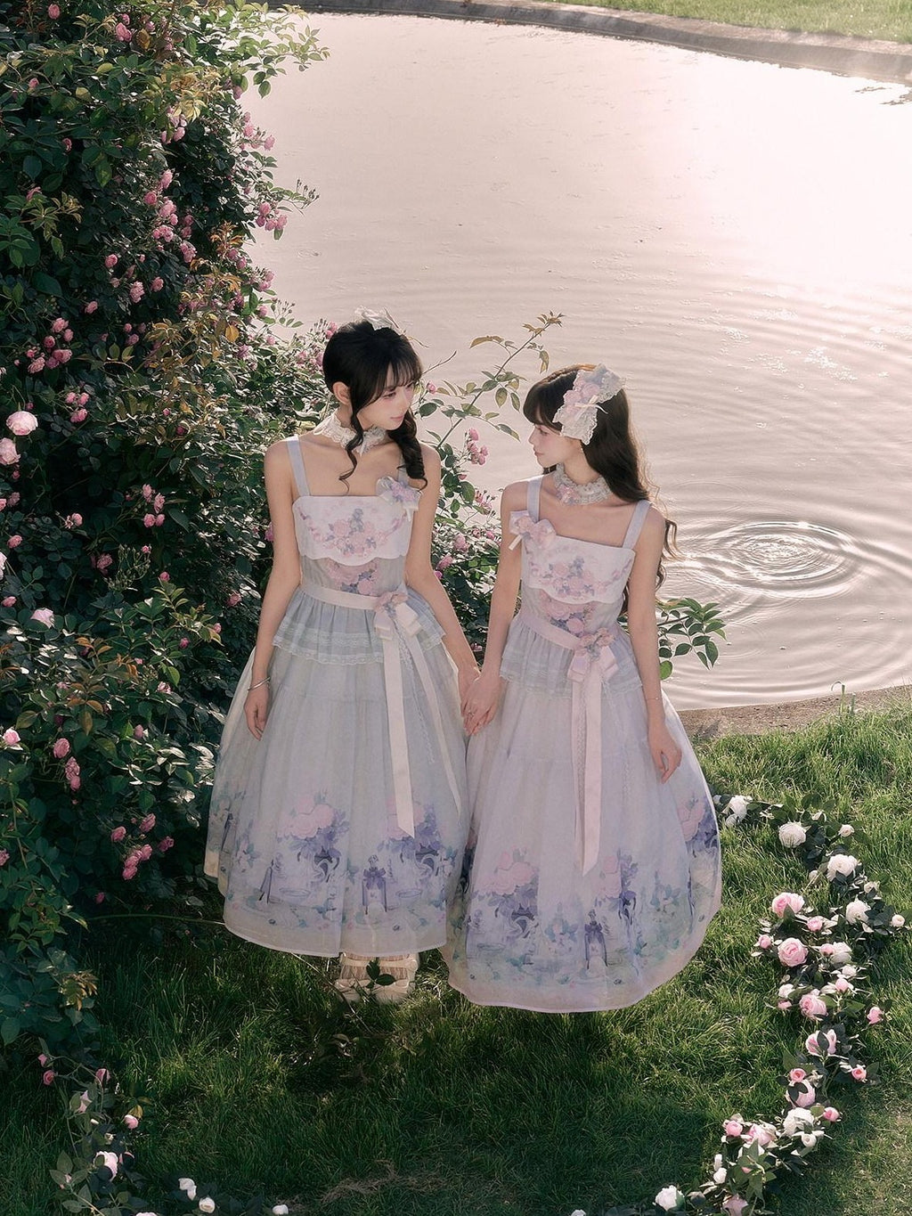 Yi Mu Hu Tao Soft Aqua Embroidered Lace Cross Collar Han Fusion Women's Tencel Skirt Sets