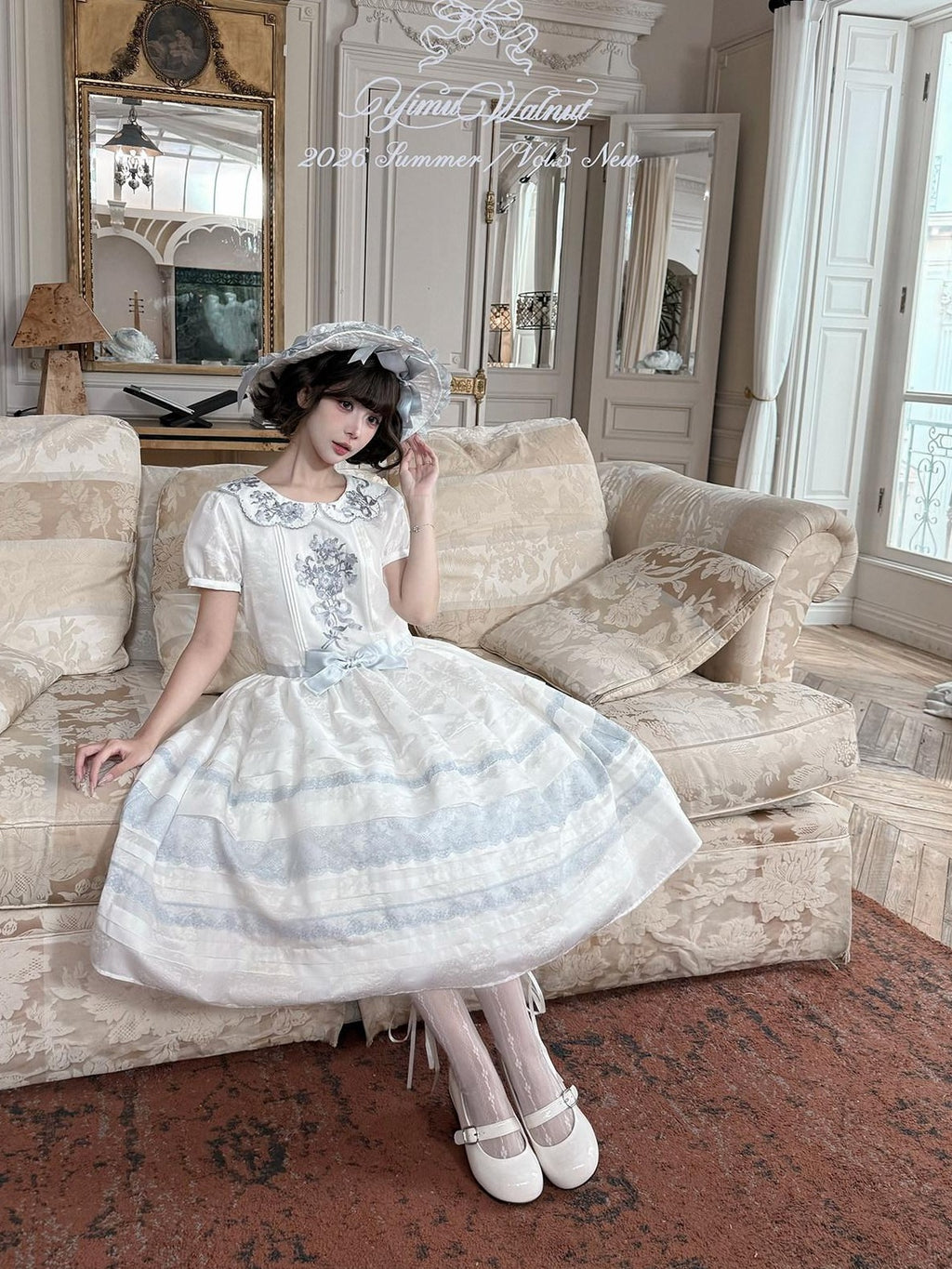 Yi Mu Hu Tao Wind Chime Stamp Chinese Style Embroidered Lace Cap Women's Short Sleeve Op