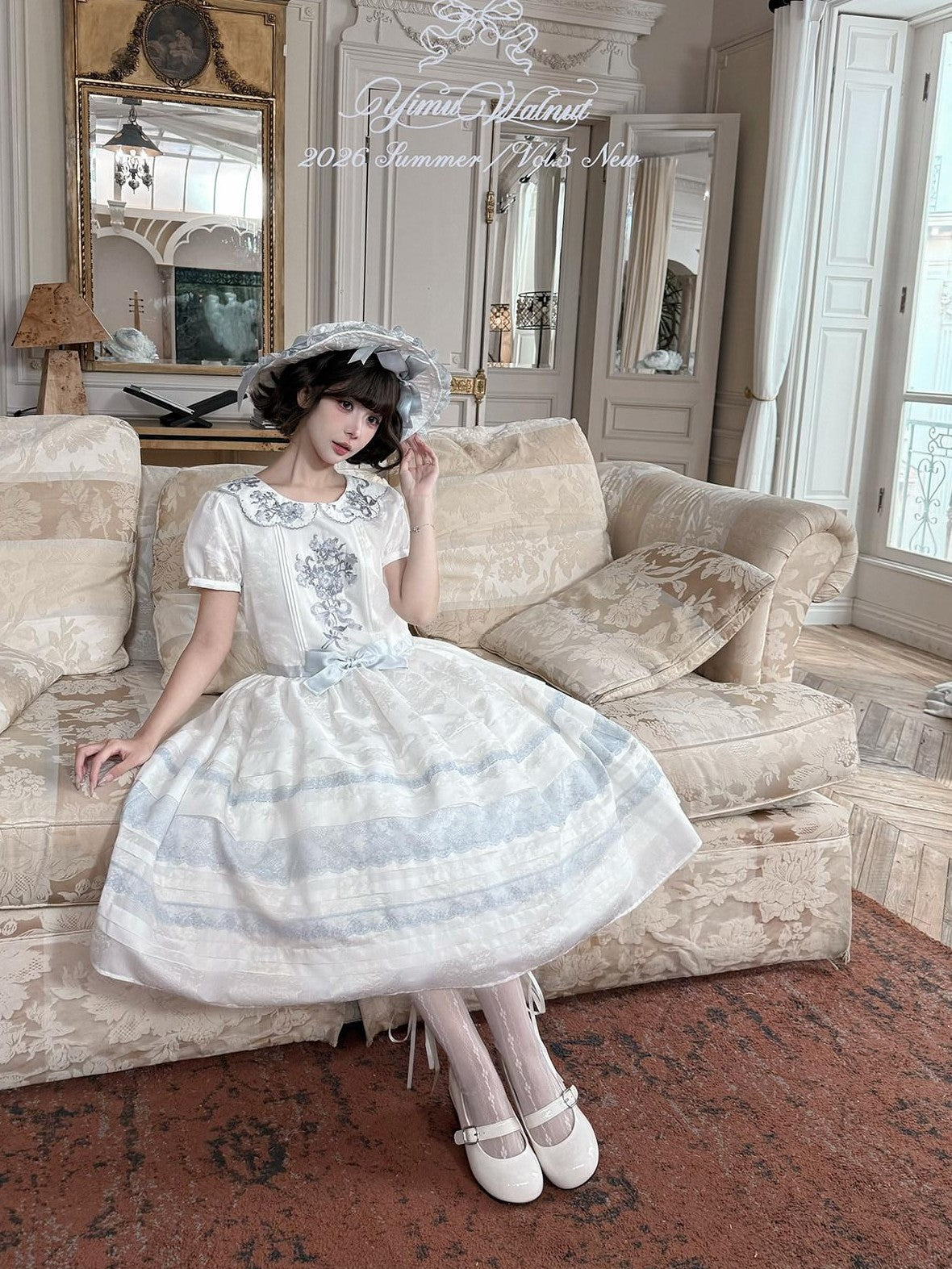 Yi Mu Hu Tao Wind Chime Stamp Chinese Style Embroidered Lace Cap Women's Short Sleeve Op