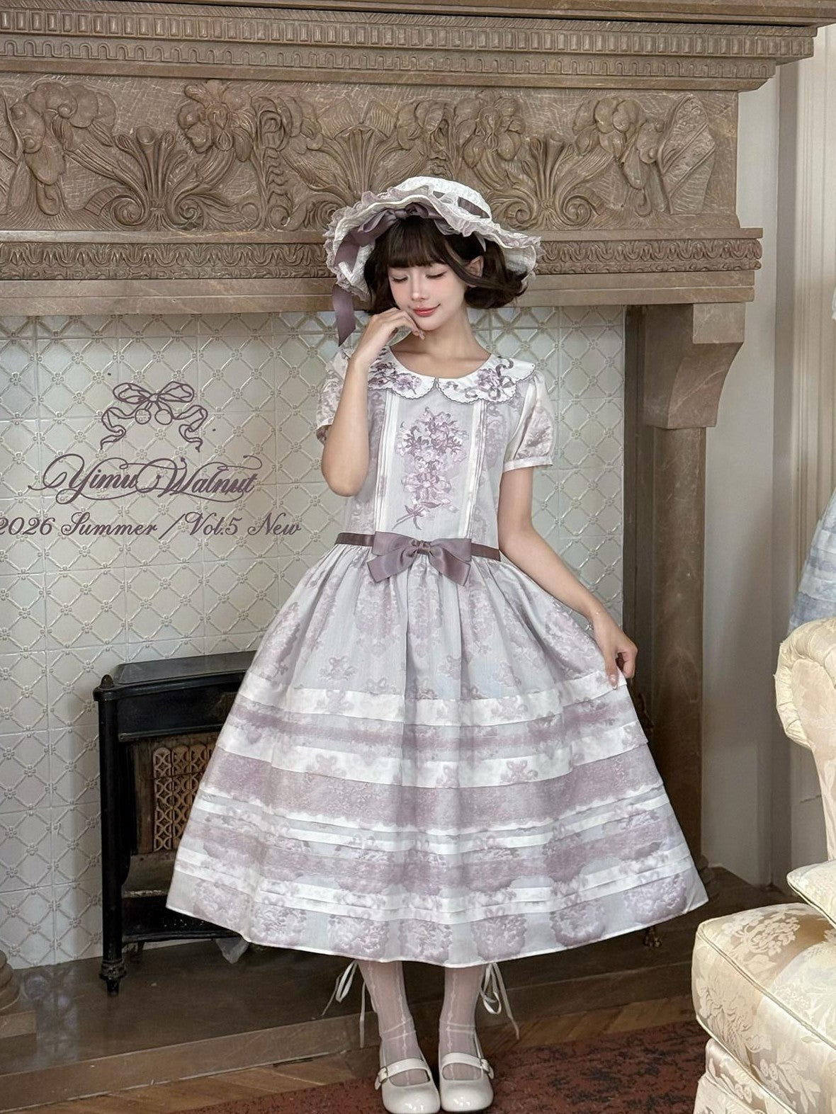 Yi Mu Hu Tao Wind Chime Stamp Chinese Style Embroidered Lace Cap Women's Short Sleeve Op