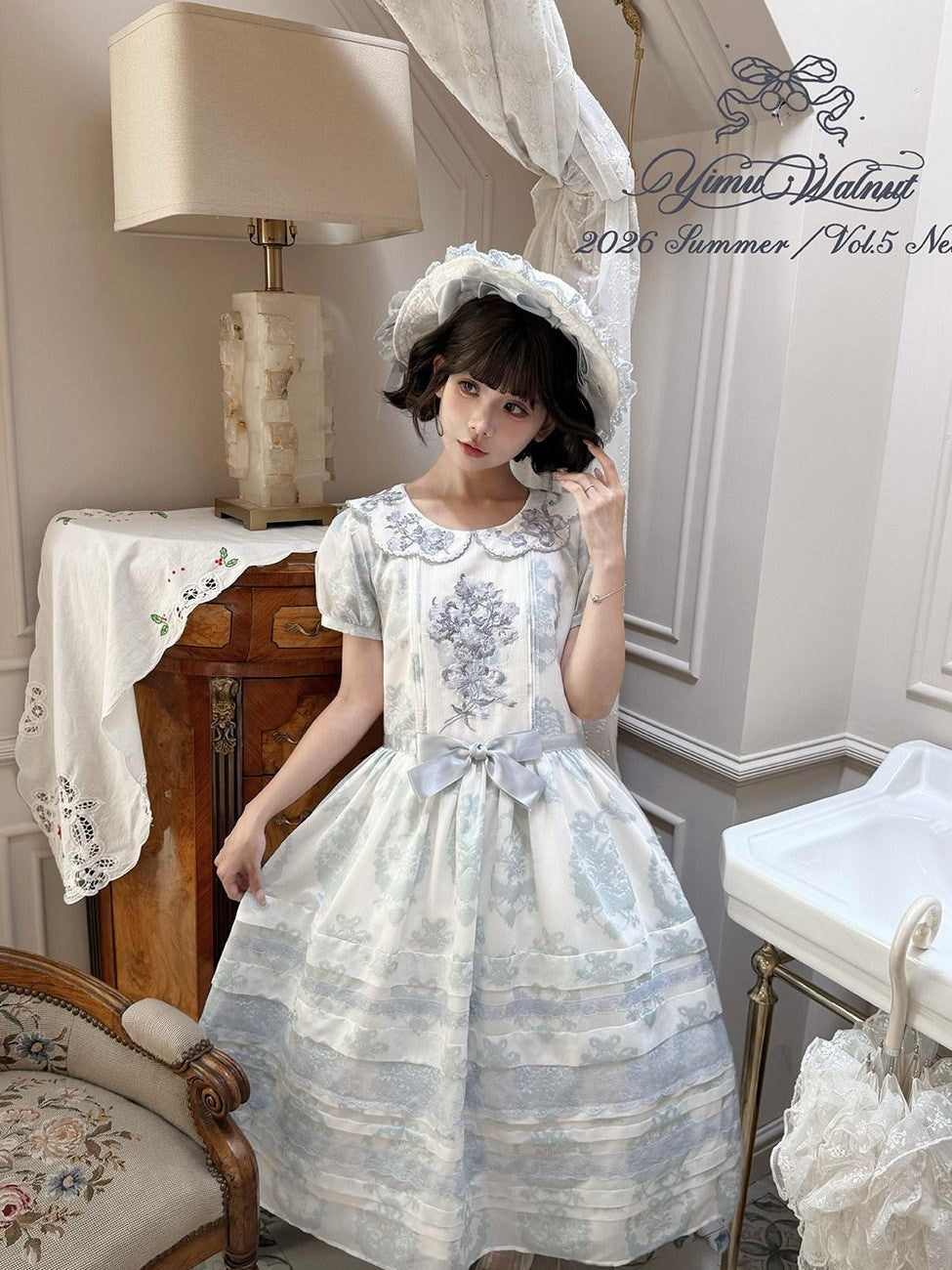 Yi Mu Hu Tao Wind Chime Stamp Chinese Style Embroidered Lace Cap Women's Short Sleeve Op