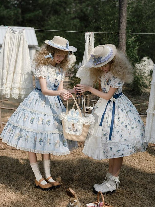 Zhong Xia Wu Yu Blueberry Garden Bunny Print Burnout Lolita Shirt Women's Short Sleeve Op