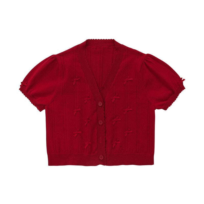Zhong_Xia_Wu_Yu_Bow_Cluster_Ribbon_Short_Sleeve_Women's_Knit_Short_Cardigans_677607296489_MISSTT