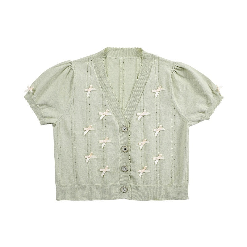 Zhong_Xia_Wu_Yu_Bow_Cluster_Ribbon_Short_Sleeve_Women's_Knit_Short_Cardigans_677607296489_MISSTT