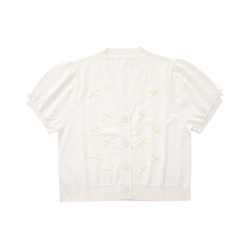 Zhong_Xia_Wu_Yu_Bow_Cluster_Ribbon_Short_Sleeve_Women's_Knit_Short_Cardigans_677607296489_MISSTT