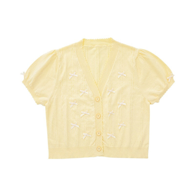 Zhong_Xia_Wu_Yu_Bow_Cluster_Ribbon_Short_Sleeve_Women's_Knit_Short_Cardigans_677607296489_MISSTT