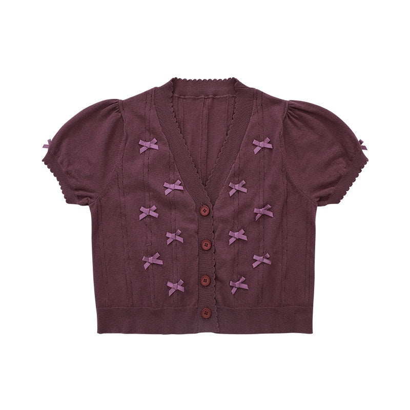 Zhong_Xia_Wu_Yu_Bow_Cluster_Ribbon_Short_Sleeve_Women's_Knit_Short_Cardigans_677607296489_MISSTT