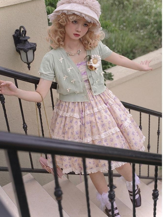 Zhong Xia Wu Yu Bow Cluster Ribbon Short Sleeve Women's Knit Short Cardigans