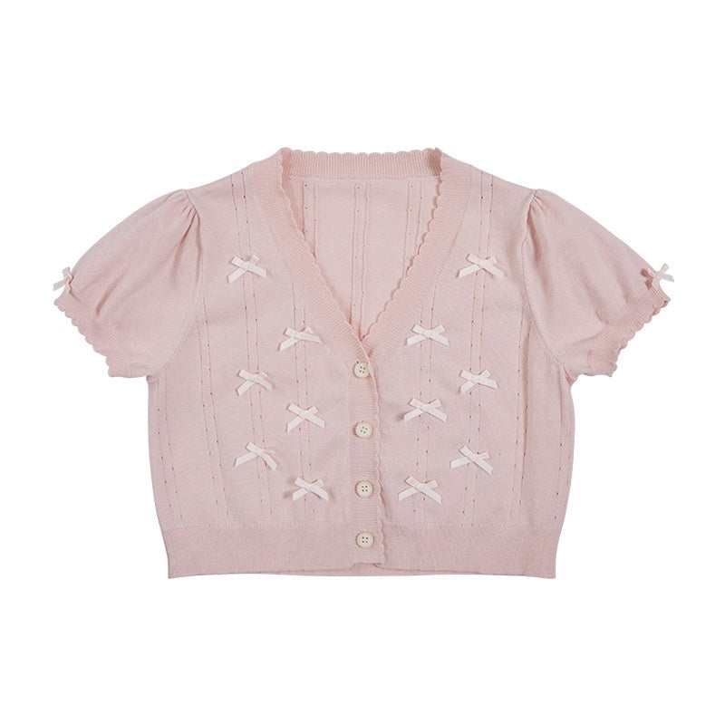 Zhong_Xia_Wu_Yu_Bow_Tie_Short_Sleeve_Soft_Girl_Women's_Knitted_Short_Cardigans_757157851399_MISSTT