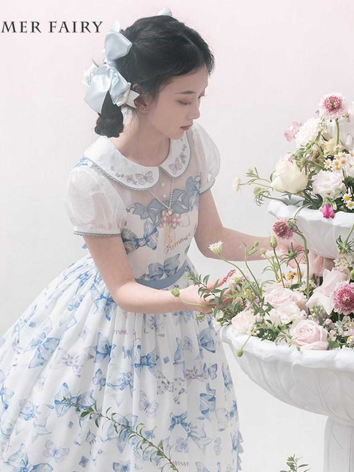Zhong Xia Wu Yu Pastel Pink Bow Eternal Garden Print Lolita Women's Short Sleeve Op