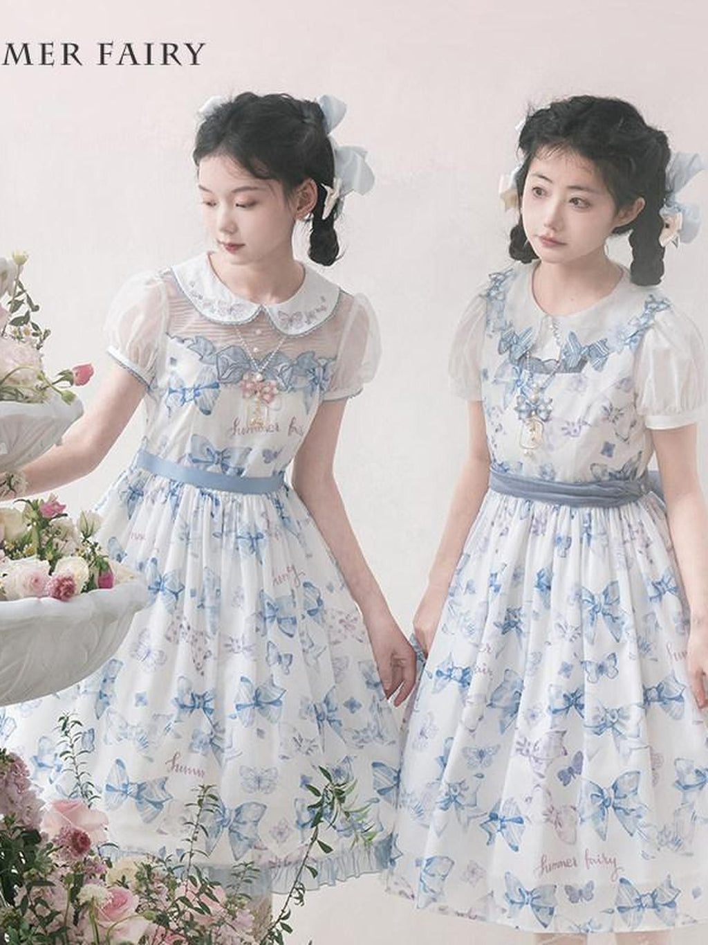Zhong Xia Wu Yu Pastel Pink Bow Eternal Garden Print Lolita Women's Short Sleeve Op
