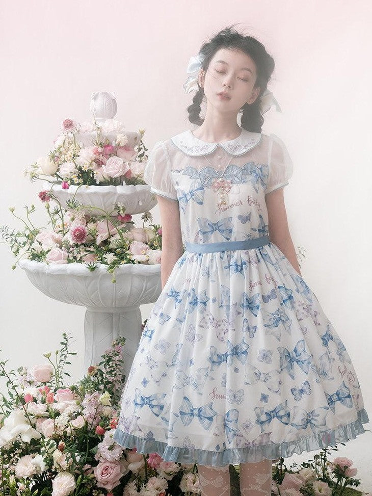 Zhong Xia Wu Yu Pastel Pink Bow Eternal Garden Print Lolita Women's Short Sleeve Op