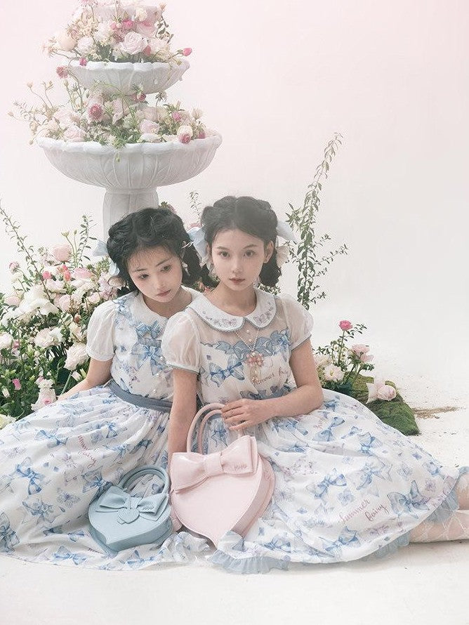 Zhong Xia Wu Yu Pastel Pink Bow Eternal Garden Print Lolita Women's Short Sleeve Op