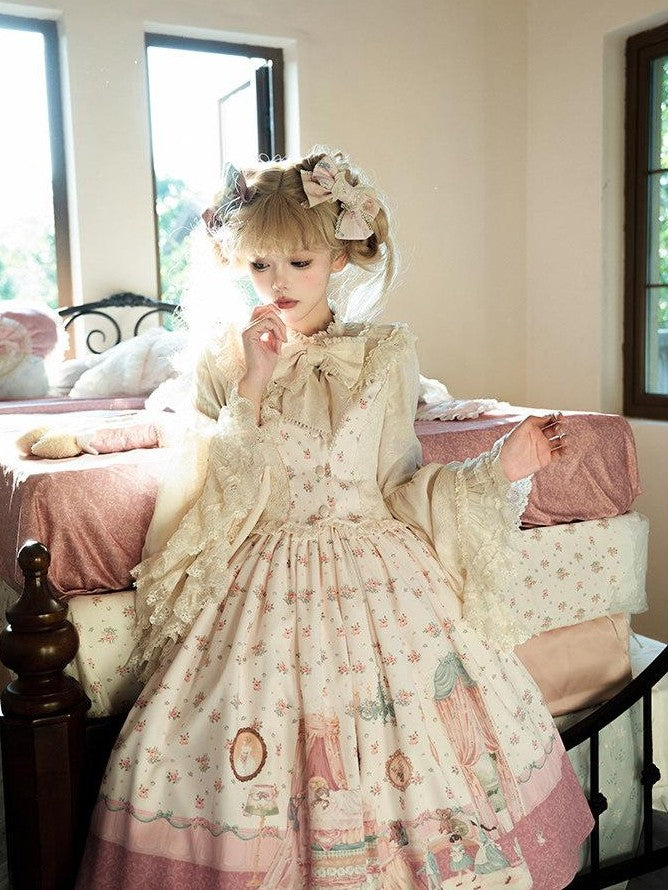 Zhong Xia Wu Yu Pea Print Lolita Vest Skirt Princess Sleeve Women's Full Coordination Sets