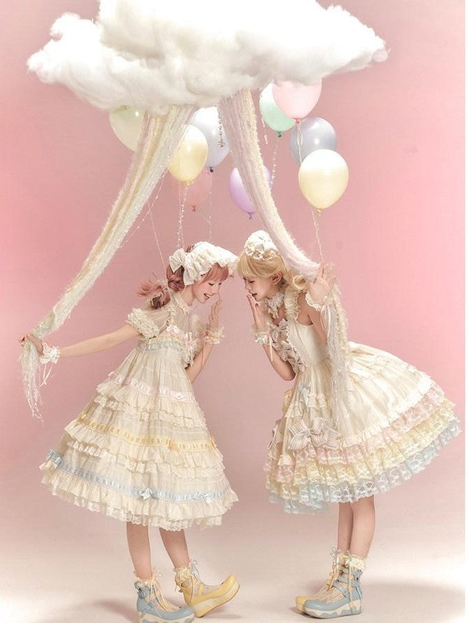 Zhong Xia Wu Yu Rainbow Angel High Waist Bow Parasol Collar Cloud Lolita Women's Short Sleeve Op