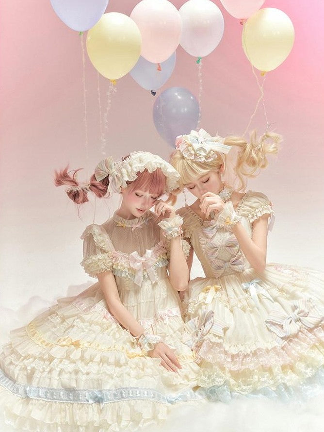 Zhong Xia Wu Yu Rainbow Angel High Waist Bow Parasol Collar Cloud Lolita Women's Short Sleeve Op