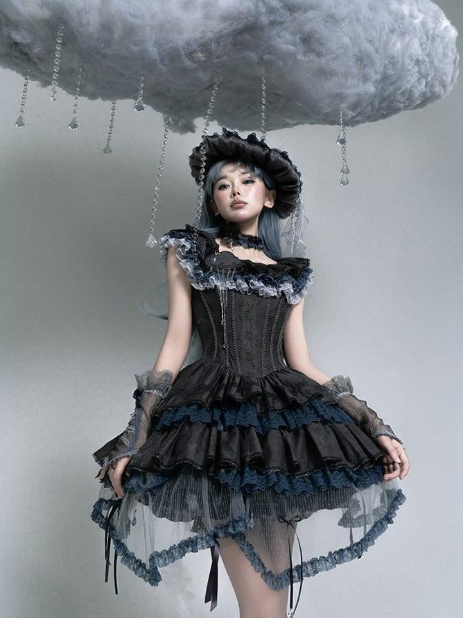 Zhong Xia Wu Yu Rainbow Angel High Waist Bow Parasol Collar Cloud Lolita Women's Short Sleeve Op