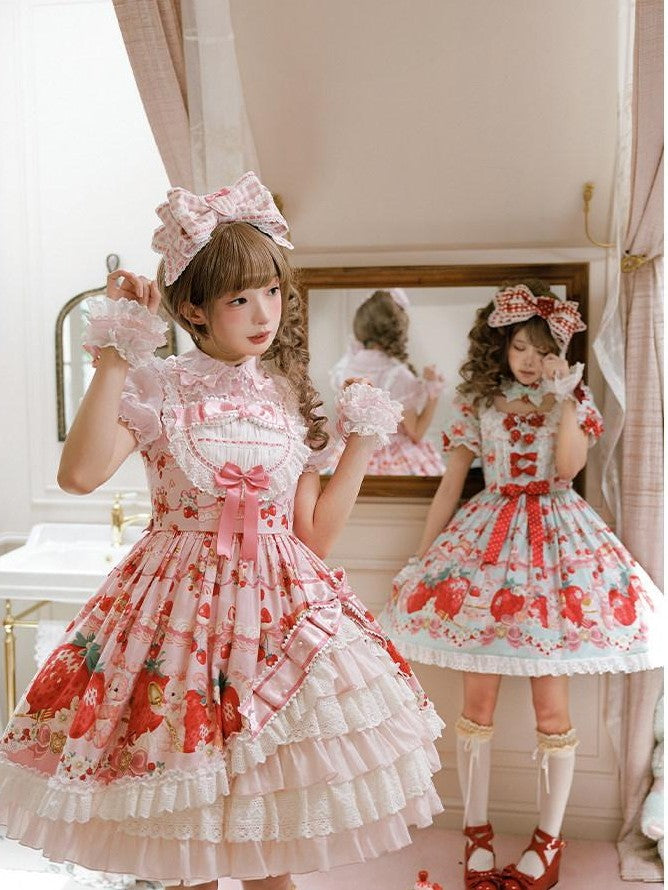 Zhong Xia Wu Yu Strawberry Print Open Front Jsk Lolita Women's Short Sleeve Op