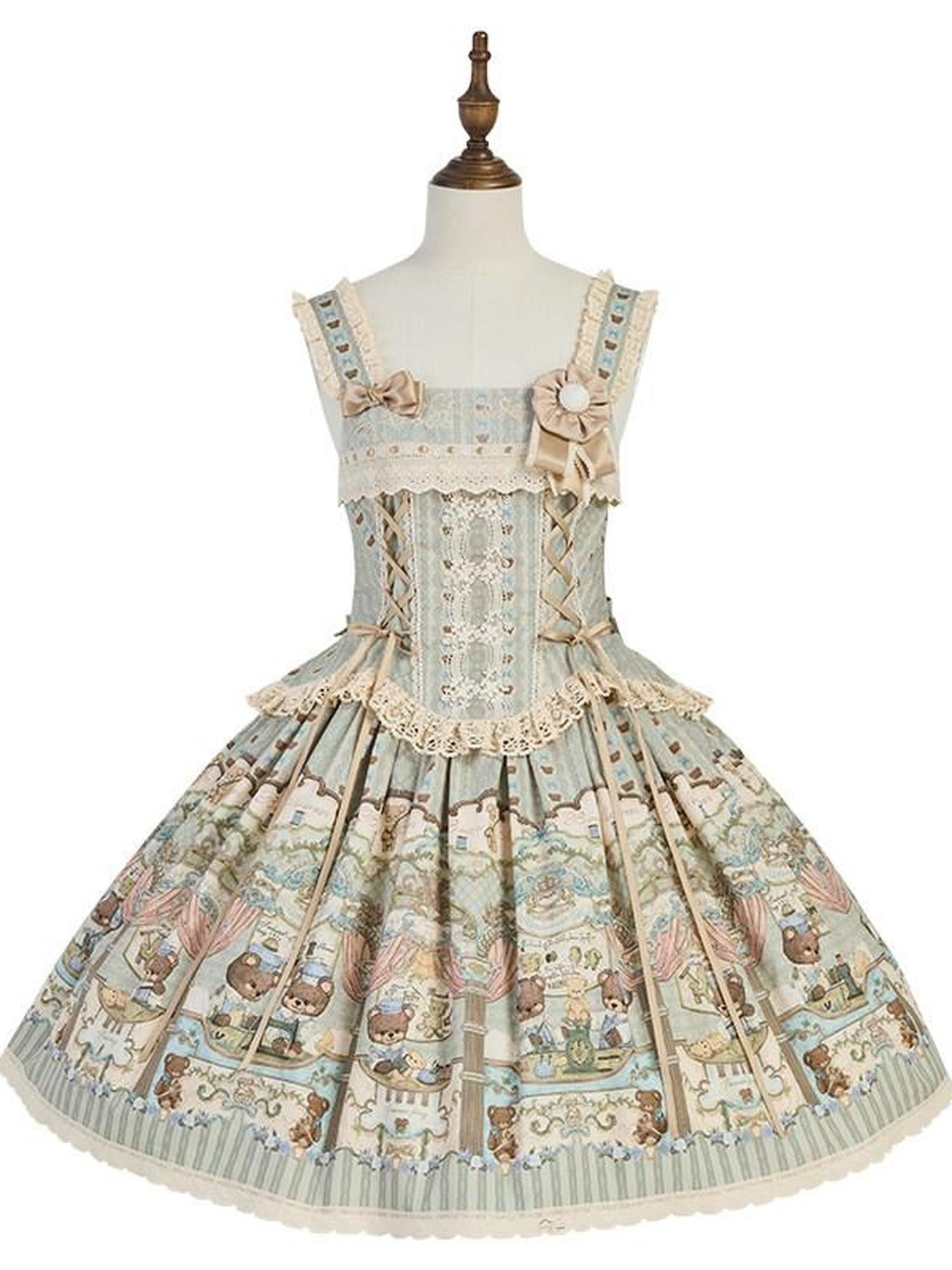Zhong Xia Wu Yu Teddy Bear Lolita Puff Sleeve Jsk Apron Shoes Women's Full Coordination Sets
