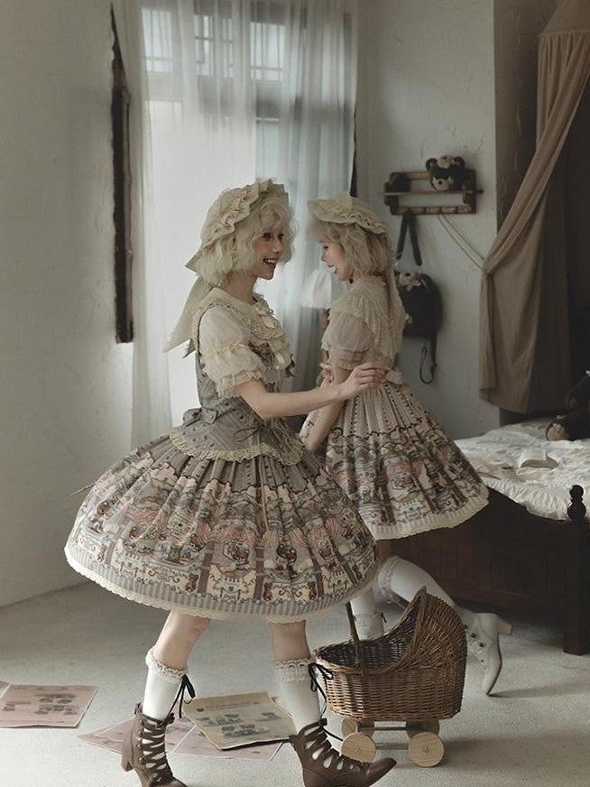 Zhong Xia Wu Yu Teddy Bear Lolita Puff Sleeve Jsk Apron Shoes Women's Full Coordination Sets