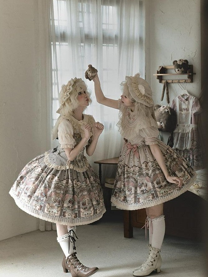 Zhong Xia Wu Yu Teddy Bear Lolita Puff Sleeve Jsk Apron Shoes Women's Full Coordination Sets