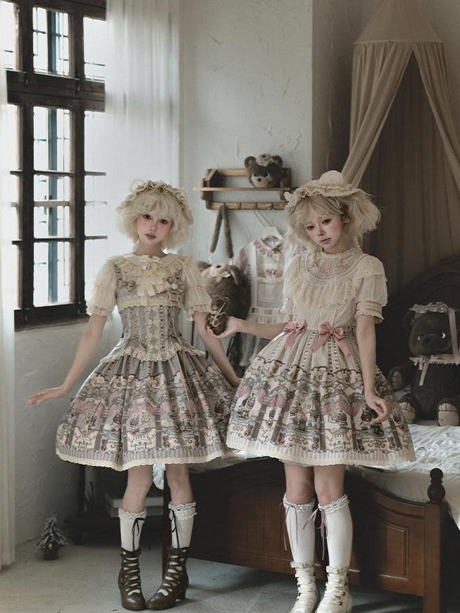 Zhong Xia Wu Yu Teddy Bear Lolita Puff Sleeve Jsk Apron Shoes Women's Full Coordination Sets