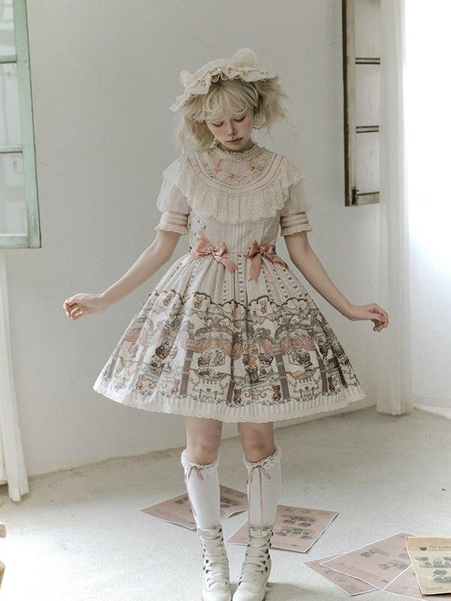 Zhong Xia Wu Yu Teddy Bear Lolita Puff Sleeve Jsk Apron Shoes Women's Full Coordination Sets