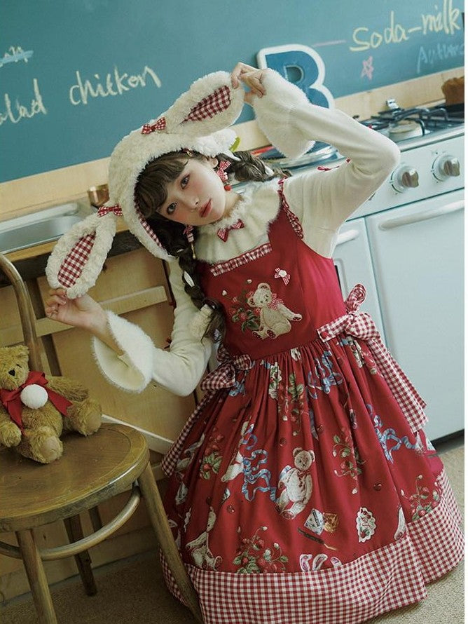 Zhong Xia Wu Yu Wild Strawberry Print Lolita Knit Cardigan Knit Inner Women's Jsk Sets