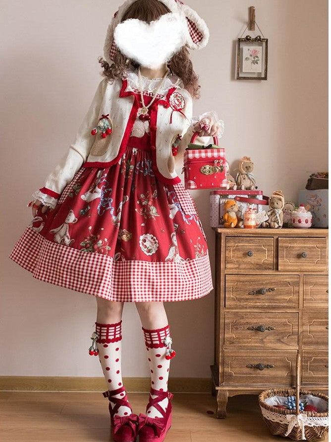 Zhong Xia Wu Yu Wild Strawberry Print Lolita Knit Cardigan Knit Inner Women's Jsk Sets