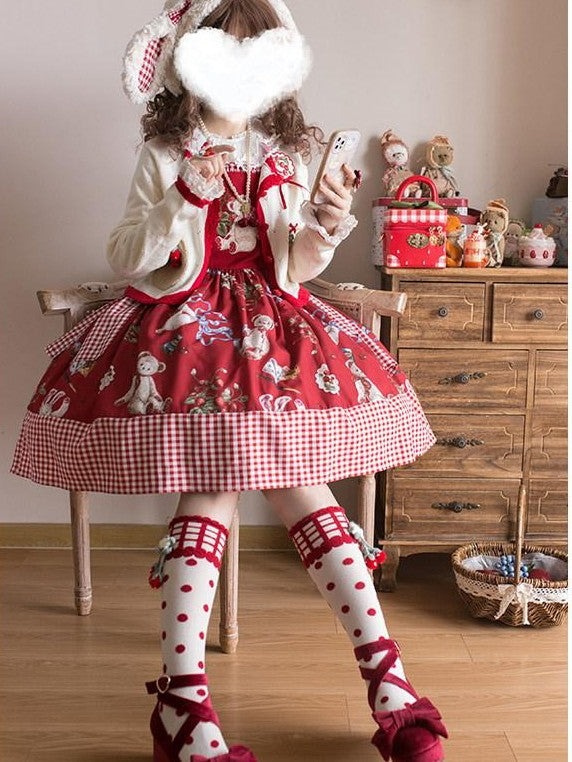 Zhong Xia Wu Yu Wild Strawberry Print Lolita Knit Cardigan Knit Inner Women's Jsk Sets