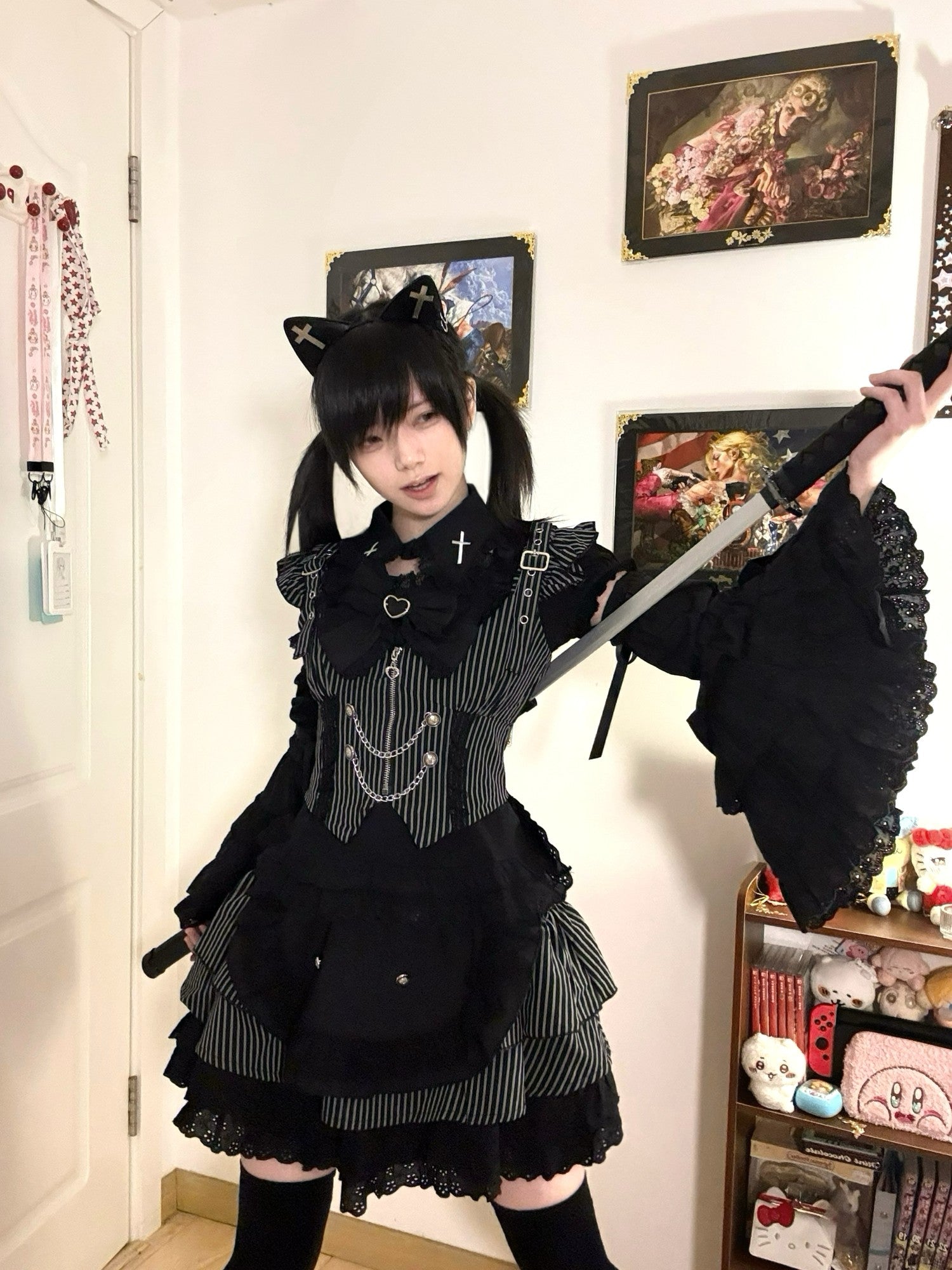 kukuwa Angel Gothic Striped Cross Heart Chain Layered Women's Skirt Sets