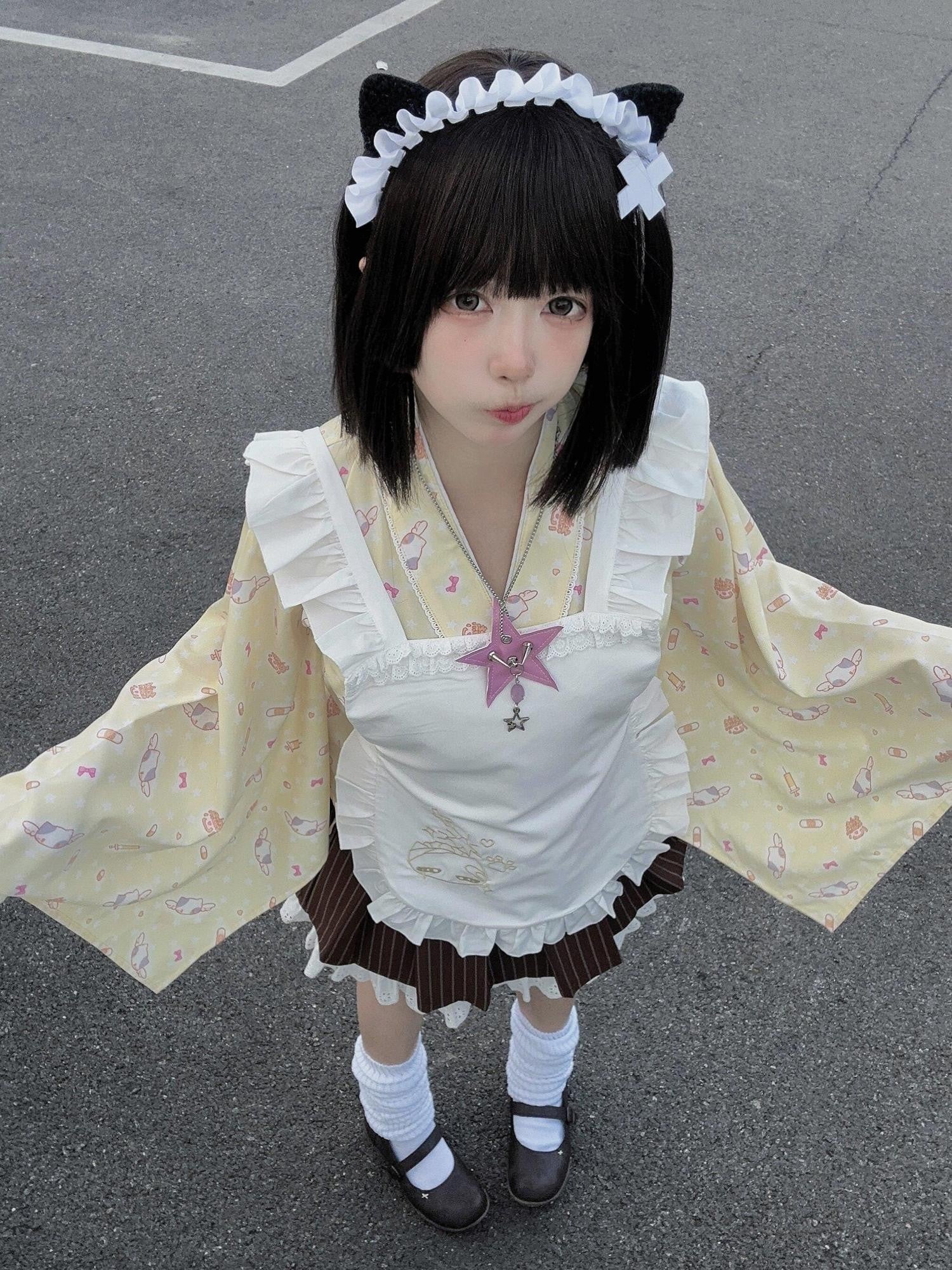 kukuwa Angel Kitty Embroidered Allover Open Front Maid Apron Women's Skirt Sets