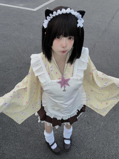 kukuwa Angel Kitty Embroidered Allover Open Front Maid Apron Women's Skirt Sets