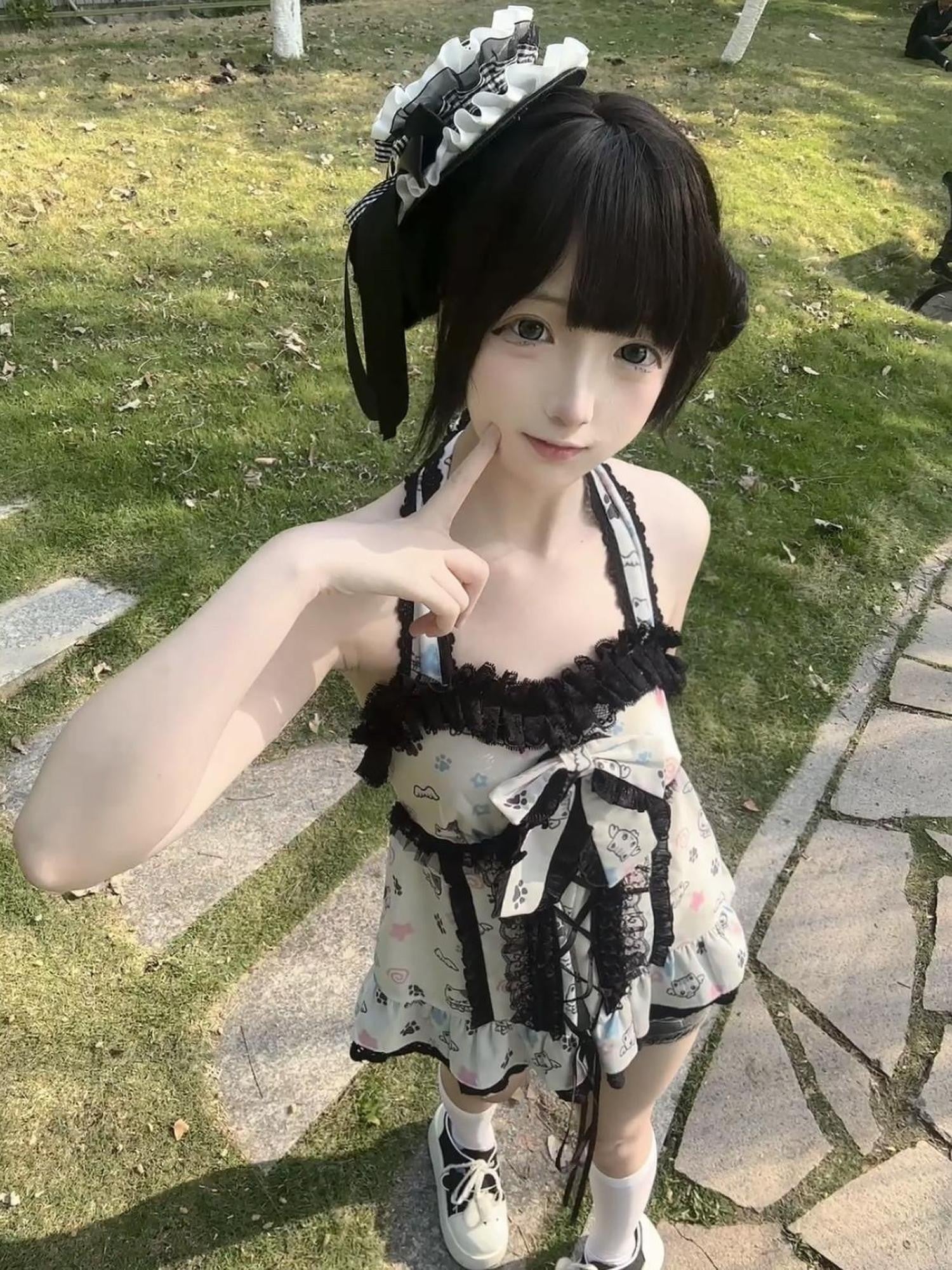 kukuwa Angel Print Bow Tie Halter Neck Women's Lace Jsk / Jumper Skirts