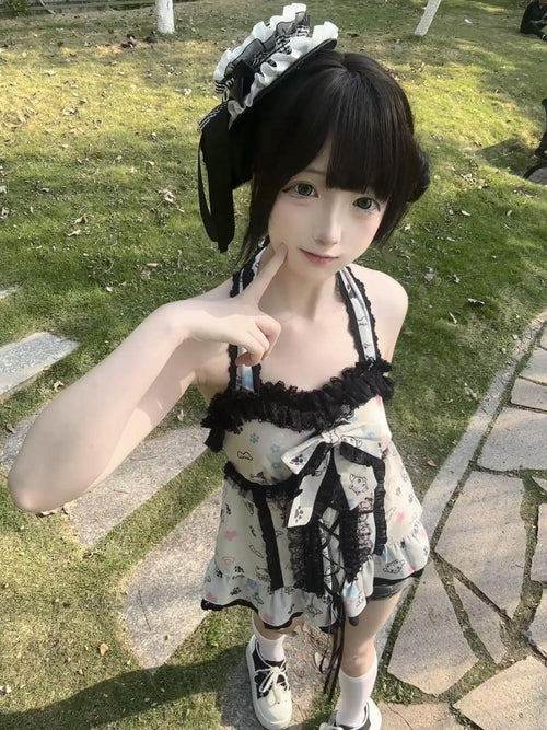 kukuwa Angel Print Bow Tie Halter Neck Women's Lace Jsk / Jumper Skirts