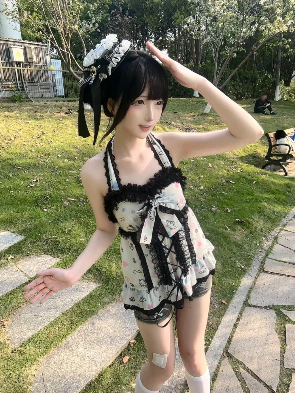 kukuwa Angel Print Bow Tie Halter Neck Women's Lace Jsk / Jumper Skirts