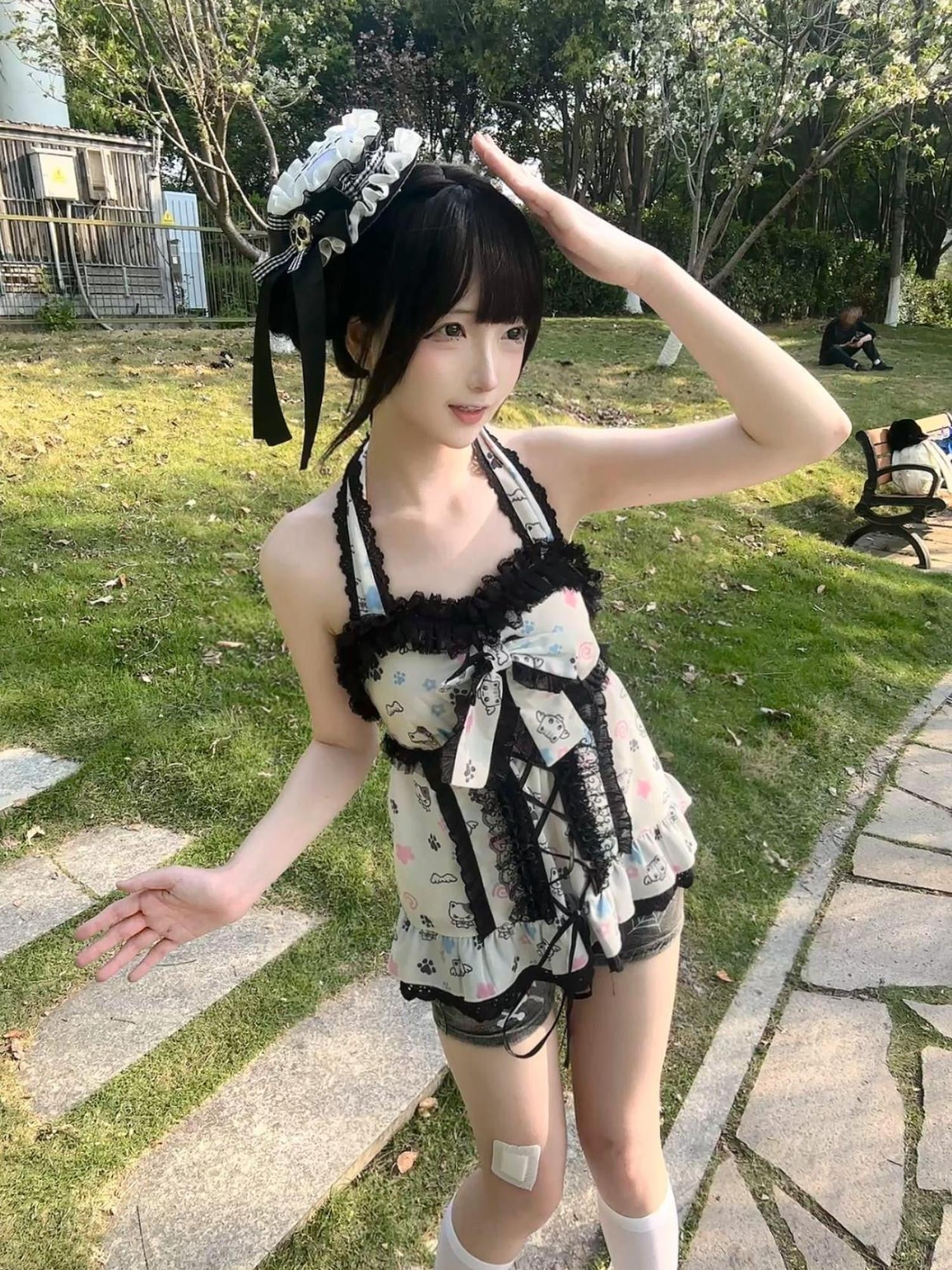 kukuwa Angel Print Bow Tie Halter Neck Women's Lace Jsk / Jumper Skirts